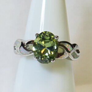 Silver Ring Size 6 White Lab Opal Inlay 8mm * 6mm Peridot - New Old Stock
